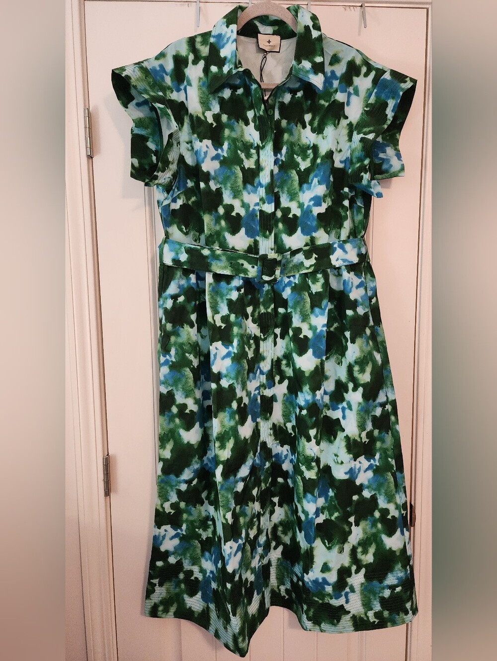 Tuckernuck NWT XXL Chloe Belted Button Front Dress Deep Lagoon Watercolors Luxe
